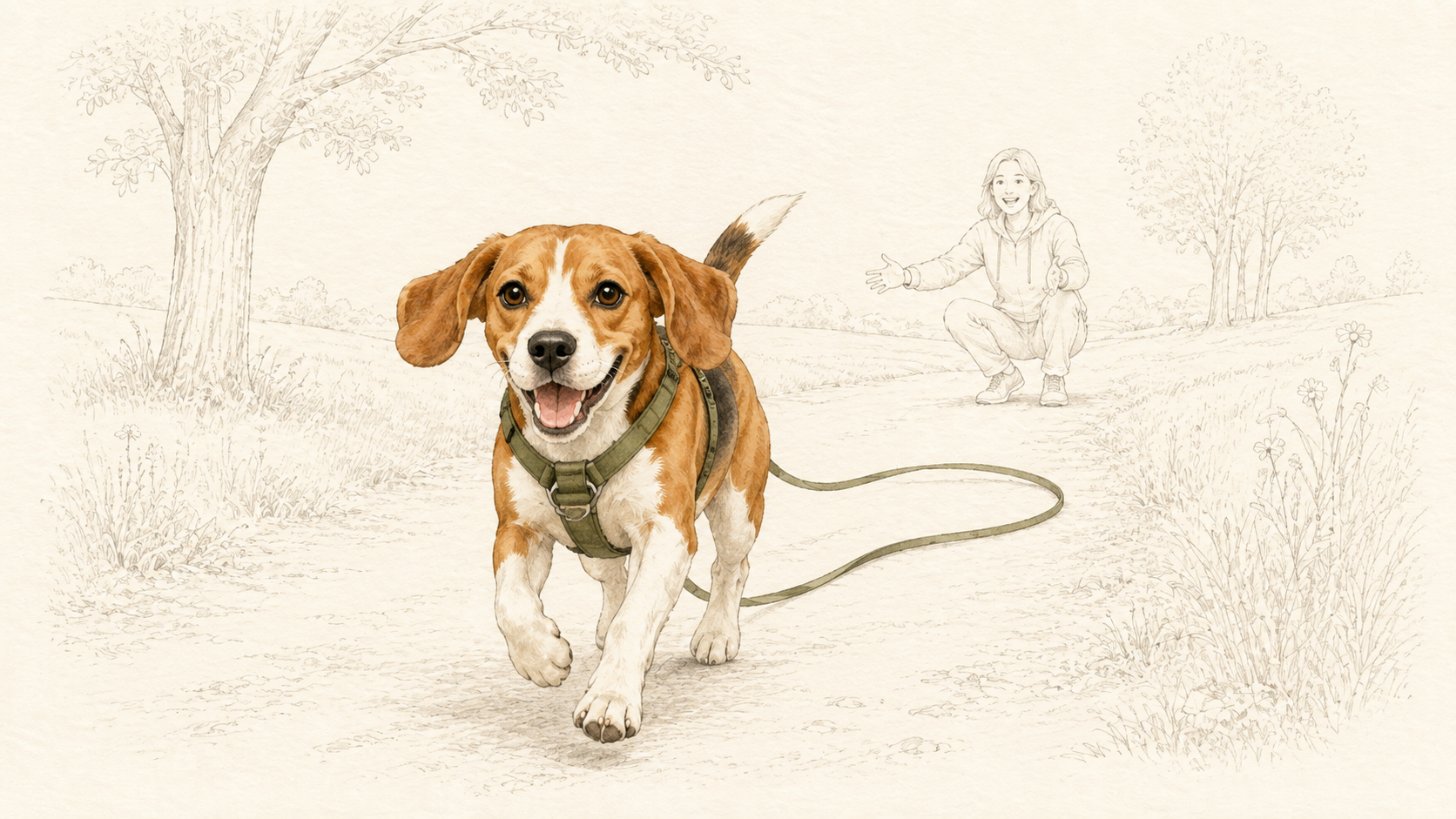 Beagle läuft mit Geschirr und Schleppleine zu einer wartenden Person zurück; Landschaft und Person im Hintergrund sind nur fein gezeichnet.