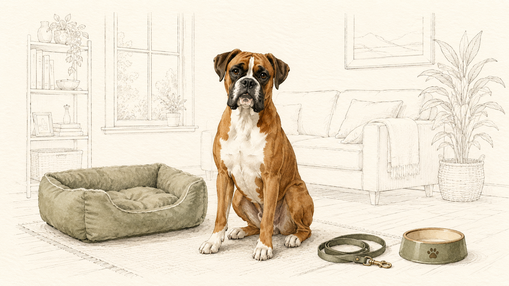 Boxer sitzt in einer Wohnung neben Hundebett, Leine und Futternapf; der Wohnbereich im Hintergrund ist nur fein gezeichnet.