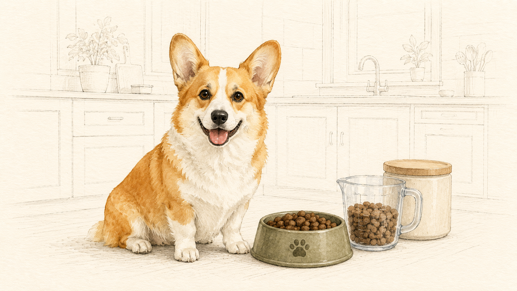 Corgi sitzt neben einem Napf mit Trockenfutter, einem Messbecher und einem Futterbehälter; die Küche im Hintergrund ist nur fein gezeichnet.