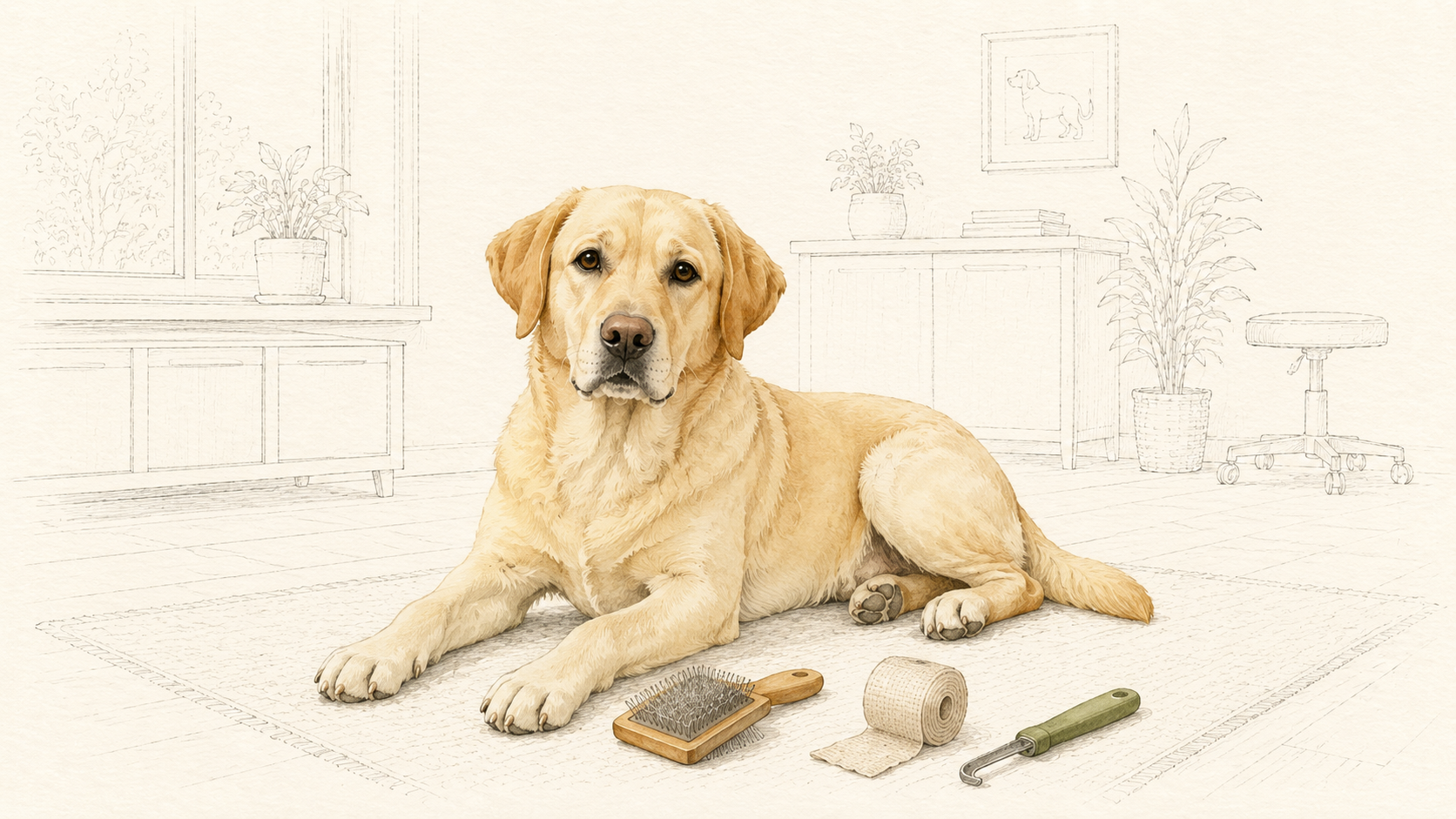 Labrador liegt neben Fellbürste, Verbandmaterial und Pflegeutensilien; der Raum im Hintergrund ist nur fein gezeichnet.
