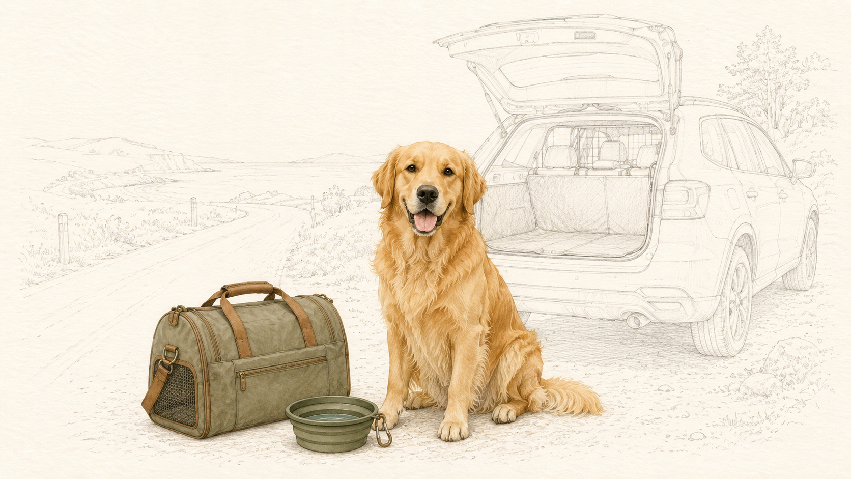 Golden Retriever sitzt neben Reisetasche und Wassernapf vor einem geöffneten Auto; Landschaft und Fahrzeug sind im Hintergrund nur fein gezeichnet.