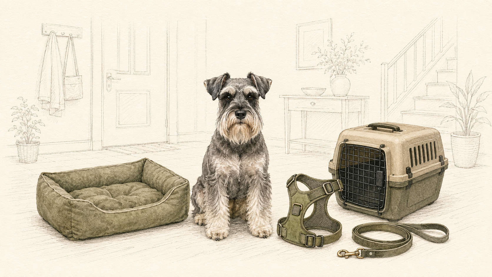 Zwergschnauzer sitzt zwischen Hundebett, Geschirr, Leine und Transportbox; der Eingangsbereich im Hintergrund ist nur fein gezeichnet.