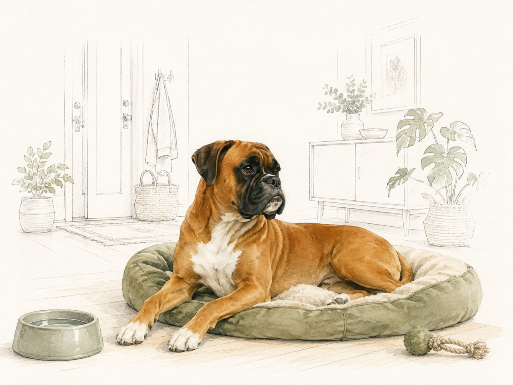 Boxer liegt ruhig in seinem Hundebett in einer hellen Wohnung; der Wohnbereich im Hintergrund ist nur fein gezeichnet.