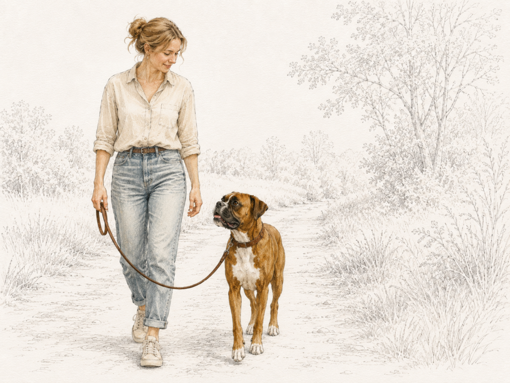 Frau geht mit ihrem Hund an lockerer Leine auf einem ruhigen Spazierweg.