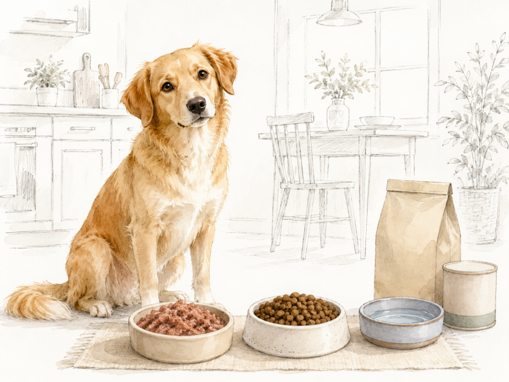 Hund in einer hellen Küche vor Näpfen mit Nassfutter, Trockenfutter und Wasser.