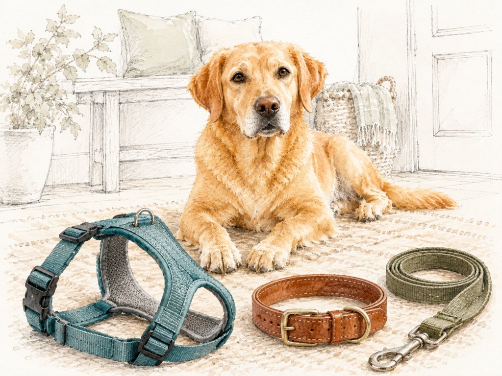 Golden Retriever in einem hellen Eingangsbereich neben Geschirr, Halsband und Leine.