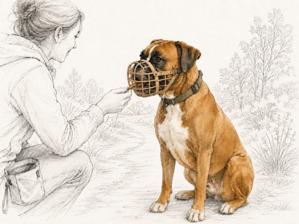 Ein brauner Hund sitzt ruhig mit einem gut sitzenden Korbmaulkorb, während eine Person ihm ein Leckerli zur Gewöhnung anbietet.