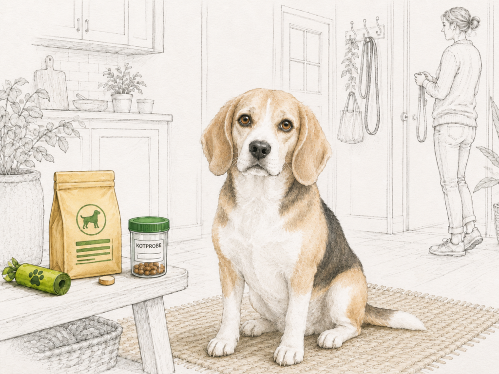 Beagle sitzt in einer hellen Wohnung neben einem Probengefäß, einem Beutel, einer Kotbeutelrolle und einer Tablette; Frau und Wohnbereich im Hintergrund sind nur fein gezeichnet.