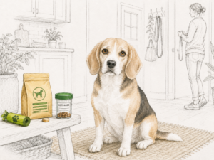 Beagle sitzt in einer hellen Wohnung neben einem Probengefäß, einem Beutel, einer Kotbeutelrolle und einer Tablette; Frau und Wohnbereich im Hintergrund sind nur fein gezeichnet.