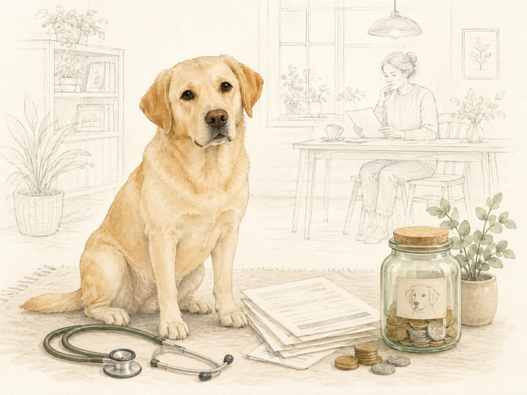 Labrador sitzt in einer hellen Wohnung neben Stethoskop, Tierarztrechnungen und einem Sparglas mit Münzen; im Hintergrund sitzt eine Frau am Tisch.