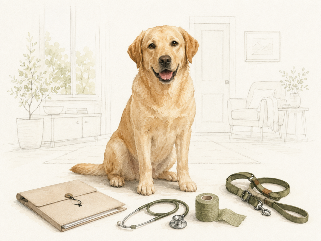 Labrador sitzt in einer hellen Wohnung; vor ihm liegen eine Dokumentenmappe, ein Stethoskop, Verbandmaterial und eine Hundeleine, während der Hintergrund nur fein gezeichnet ist.