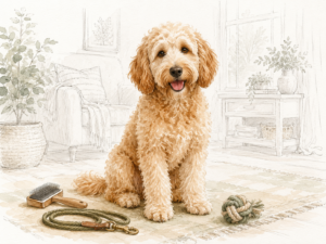 Apricotfarbener Doodle-Hund sitzt in einer hellen Wohnung; vor ihm liegen Fellbürste, Leine und Knotenspielzeug, während der Wohnbereich im Hintergrund nur fein gezeichnet ist.