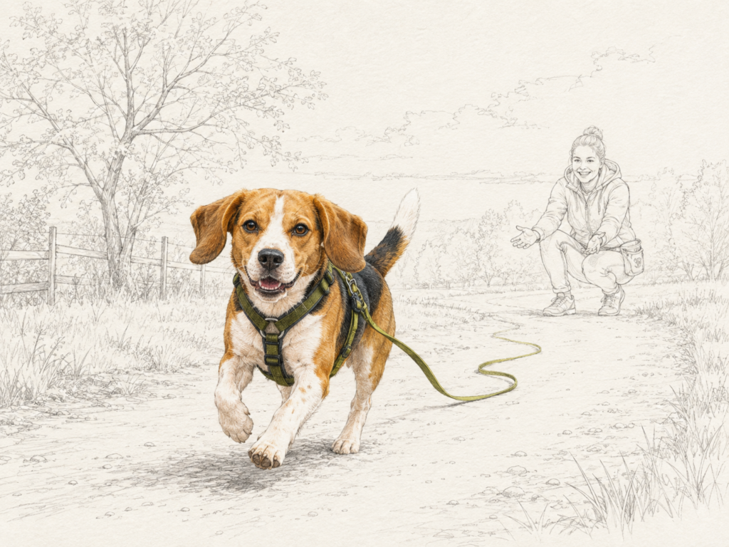 Beagle läuft beim Rückruftraining mit Geschirr und Schleppleine zurück zu einer wartenden Person; Mensch, Weg und Landschaft im Hintergrund sind nur fein gezeichnet.
