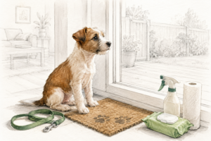 Kleiner braun-weißer Hund sitzt in einer hellen Wohnung neben Fußmatte, Leine und Reinigungsutensilien; Wohnraum und Terrasse im Hintergrund sind nur fein gezeichnet.