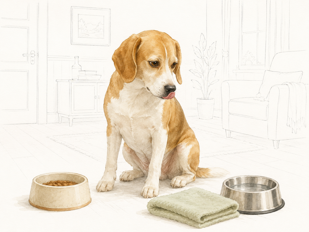 Beagle sitzt in einer hellen Wohnung zwischen Futternapf, Wassernapf und gefaltetem Handtuch; der Wohnraum im Hintergrund ist nur fein gezeichnet.