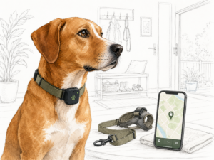 Braun-weißer Hund sitzt in einem hellen Eingangsbereich und trägt einen GPS-Tracker am Halsband; daneben stehen Smartphone, Geschirr und Leine, während der Hintergrund nur fein gezeichnet ist.