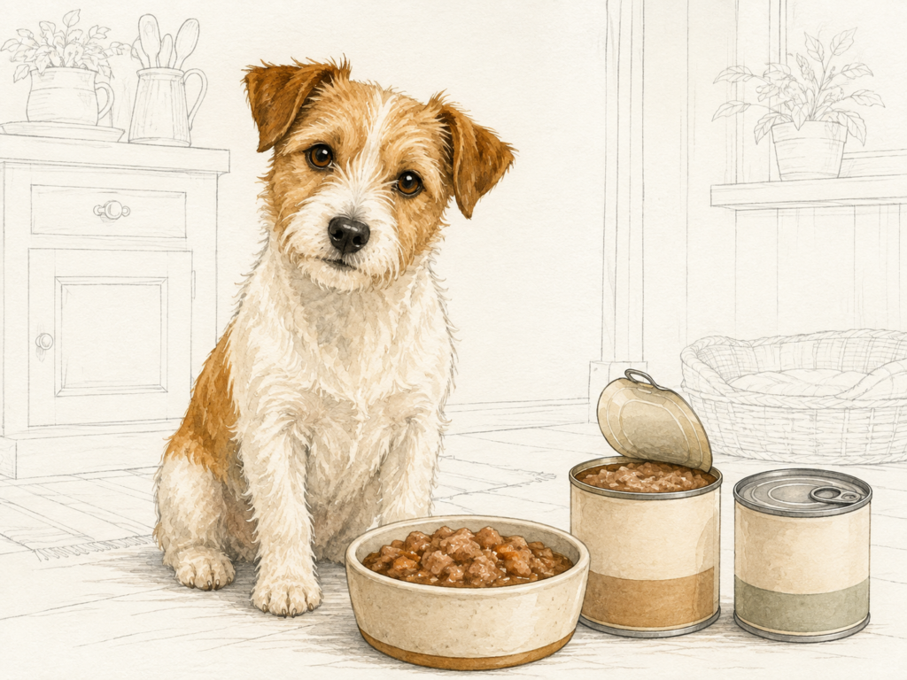 Braun-weißer Terrier sitzt neben einem Napf mit Nassfutter sowie einer geöffneten und einer geschlossenen Futterdose; die Küche im Hintergrund ist als feine Linienzeichnung dargestellt.