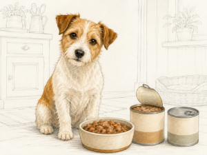 Braun-weißer Terrier sitzt neben einem Napf mit Nassfutter sowie einer geöffneten und einer geschlossenen Futterdose; die Küche im Hintergrund ist als feine Linienzeichnung dargestellt.