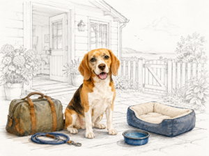 Beagle sitzt mit Reisetasche, Hundeleine, Hundebett und Wassernapf vor einem Ferienhaus; Garten, Zaun und Haus im Hintergrund sind als feine Linienzeichnung dargestellt.