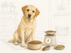 Gelber Labrador sitzt neben Futternapf, Küchenwaage mit Futterportion, Futterschaufel und einer kleinen Schale mit Hundesnacks; die Küche im Hintergrund ist als feine Linienzeichnung dargestellt.