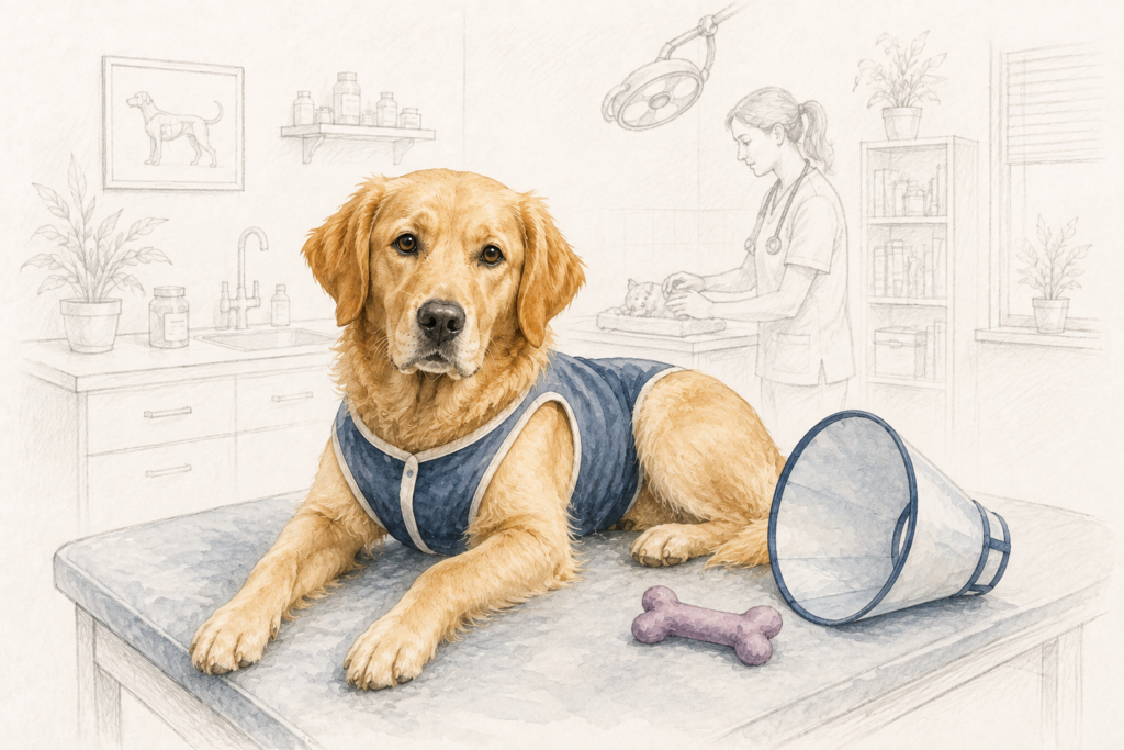 Goldfarbener Hund liegt mit blauem Wundschutz auf einem Behandlungstisch neben Halskragen und Spielzeug; Tierarztpraxis und Tierärztin im Hintergrund sind als feine Linienzeichnung dargestellt.