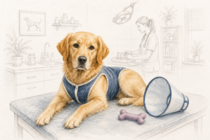Goldfarbener Hund liegt mit blauem Wundschutz auf einem Behandlungstisch neben Halskragen und Spielzeug; Tierarztpraxis und Tierärztin im Hintergrund sind als feine Linienzeichnung dargestellt.