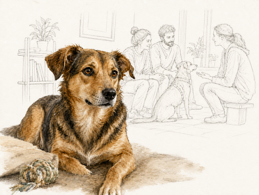 Ein Hund liegt im Vordergrund, während im gezeichneten Hintergrund ein Paar mit einer Vermittlerin einen weiteren Hund kennenlernt.