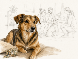 Ein Hund liegt im Vordergrund, während im gezeichneten Hintergrund ein Paar mit einer Vermittlerin einen weiteren Hund kennenlernt.