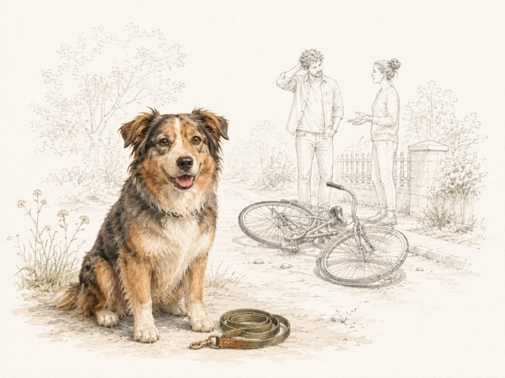 Freundlicher Hund sitzt im Vordergrund; im Hintergrund liegen ein umgestürztes Fahrrad und zwei Menschen sprechen miteinander.