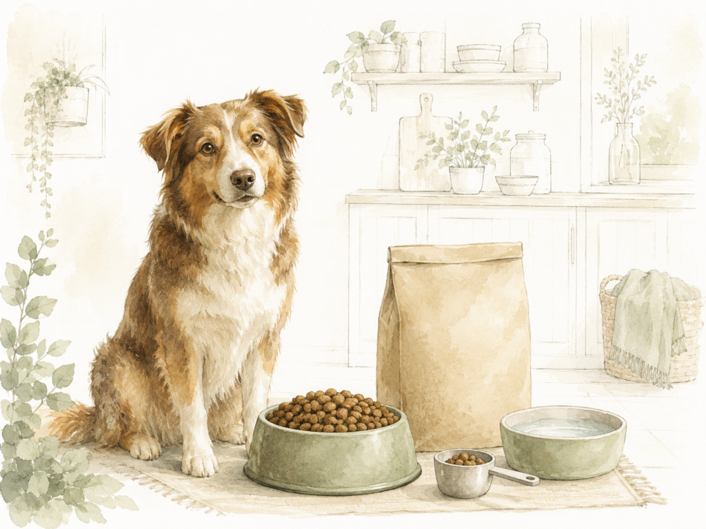 Hund sitzt in einer hellen Küche neben einem Napf mit Trockenfutter, Wassernapf und einer neutralen Futterverpackung.