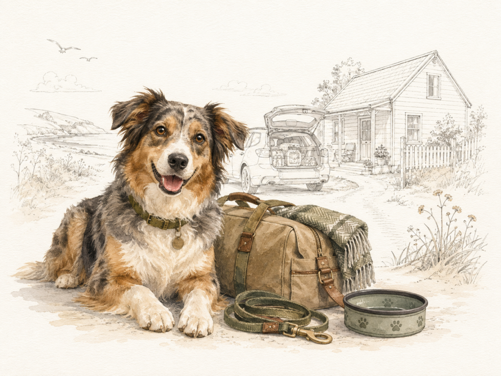 Reisefertiger Hund liegt mit Tasche, Leine und Napf vor einem Ferienhaus; im Hintergrund sind Auto und Küstenlandschaft zu sehen.