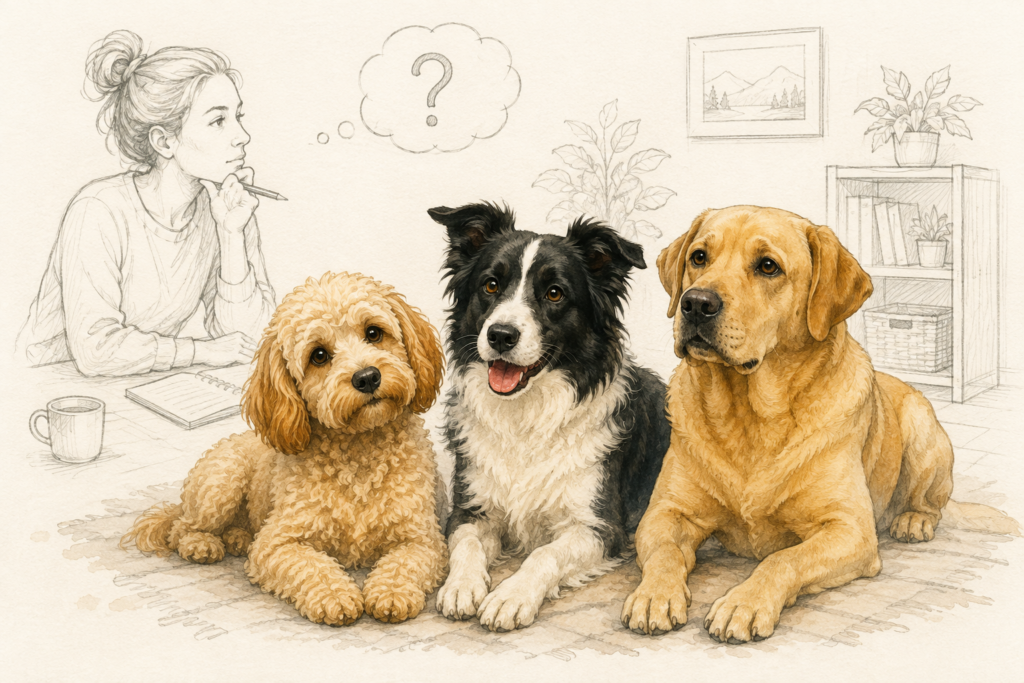 Drei unterschiedliche Hunde sitzen im Vordergrund, während eine Frau im gezeichneten Hintergrund über die Wahl des passenden Hundes nachdenkt.