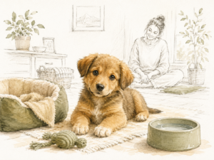 Junger Welpe liegt in einer hellen Wohnung neben Hundebett, Spielzeug und Wassernapf; im Hintergrund sitzt eine Frau ruhig auf dem Boden.