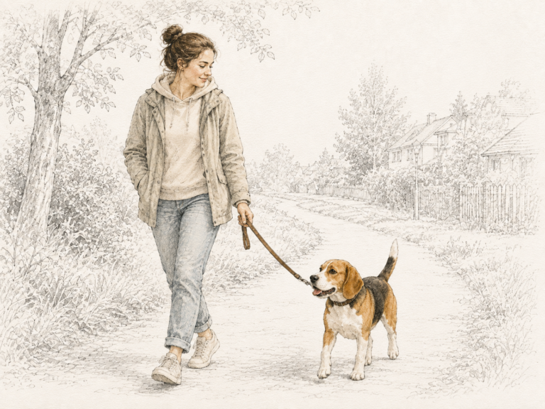 Frau geht mit einem Beagle an der Leine auf einem ruhigen Weg spazieren.