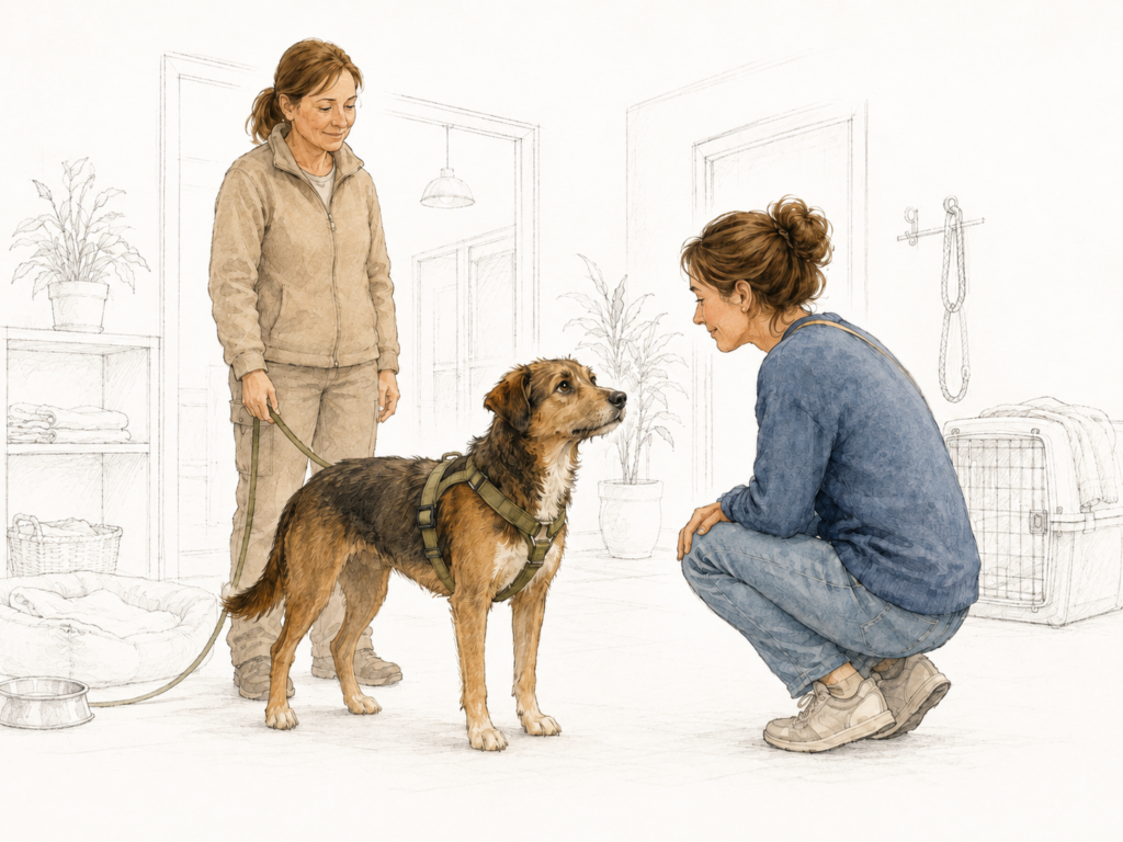 Ein Hund aus dem Tierheim lernt in einem warmen Zuhause eine neue Bezugsperson kennen.