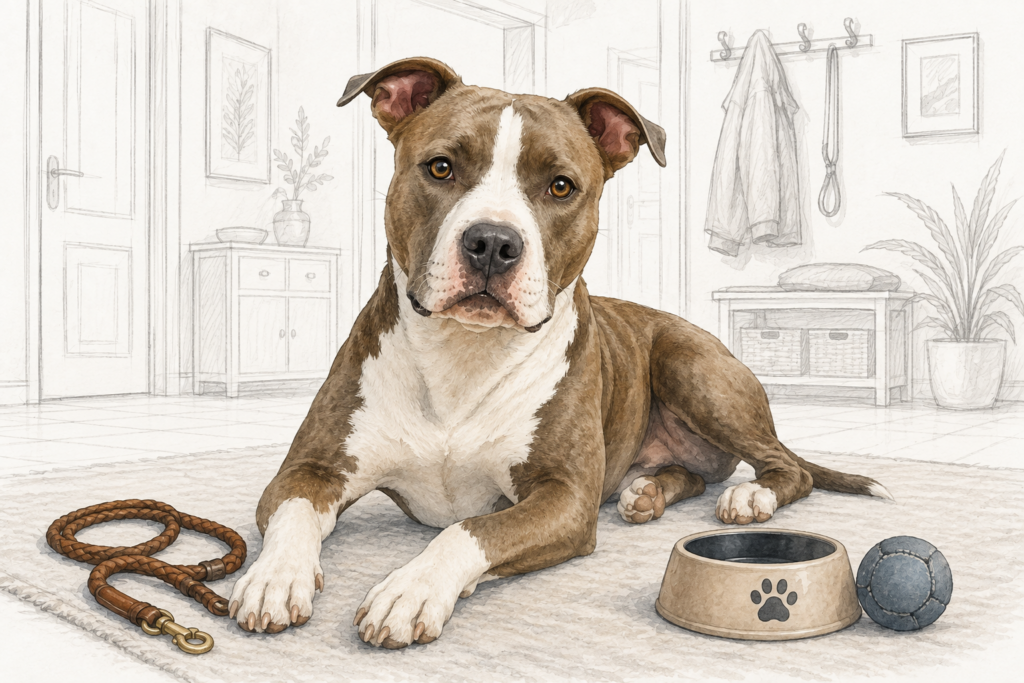 Braun-weißer Pitbull-Typ liegt auf einem Teppich neben Hundeleine, Futternapf und Ball; der Eingangsbereich im Hintergrund ist als feine Linienzeichnung dargestellt.