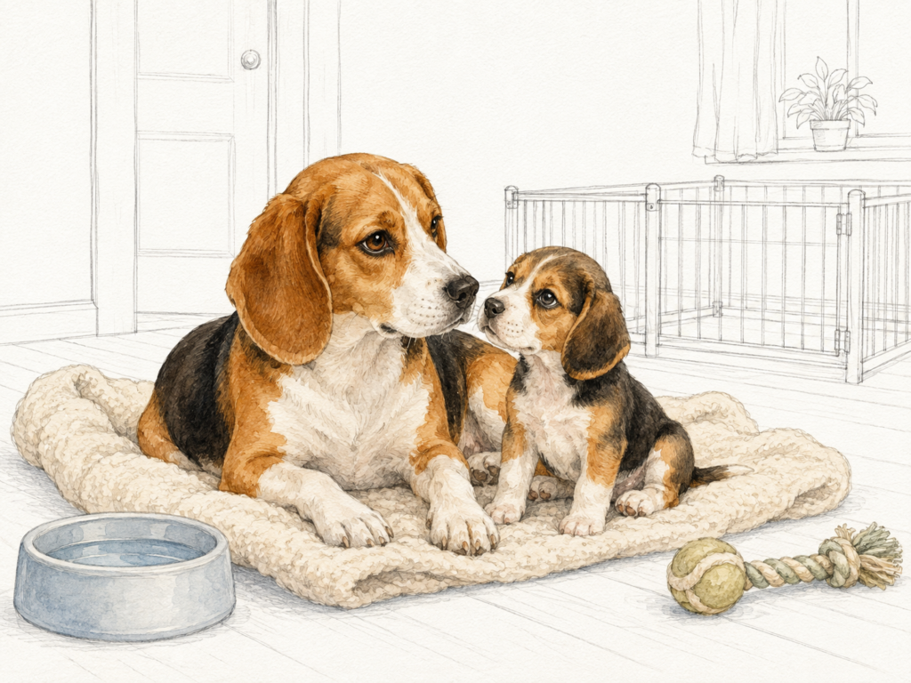 Beagle-Mutterhündin liegt mit einem Welpen auf einer Decke neben Wassernapf und Spielseil; der Aufzuchtbereich im Hintergrund ist als feine Linienzeichnung dargestellt.