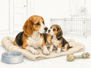 Beagle-Mutterhündin liegt mit einem Welpen auf einer Decke neben Wassernapf und Spielseil; der Aufzuchtbereich im Hintergrund ist als feine Linienzeichnung dargestellt.