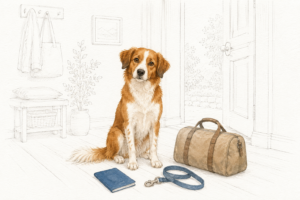 Braun-weißer Hund sitzt neben Reisetasche, Hundeleine und einem blauen unbeschrifteten Reisedokument; der Flur und der Blick nach draußen sind als feine Linienzeichnung dargestellt.