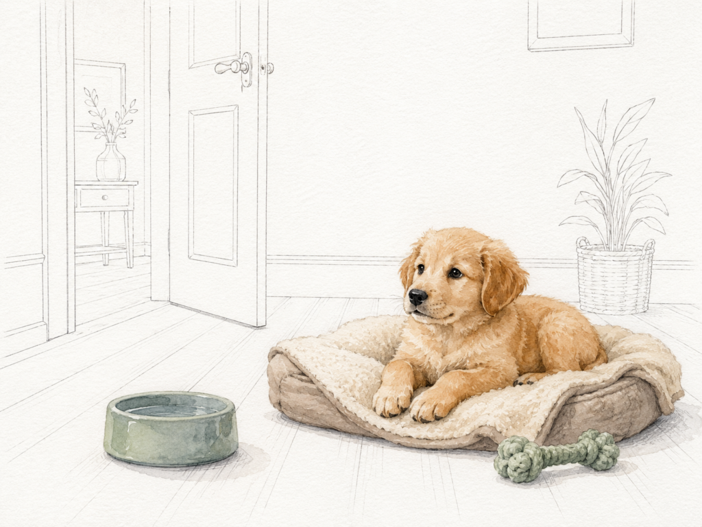 Goldfarbener Welpe liegt auf einem Hundebett neben Wassernapf und Spielseil; die geöffnete Tür und der Wohnraum im Hintergrund sind als feine Linienzeichnung dargestellt.