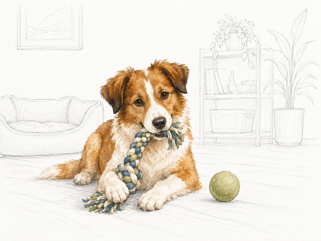 Braun-weißer Hund liegt mit einem geflochtenen Spielseil zwischen den Pfoten neben einem grünen Ball; Hundebett, Regal, Pflanzen und übriges Wohnzimmer im Hintergrund sind als feine Linienzeichnung dargestellt.