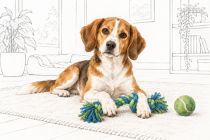 Braun-weißer mittelgroßer Hund liegt neben einem geflochtenen Spielseil und einem grünen Ball; Hundebett, Pflanzen, Regal und übriges Wohnzimmer im Hintergrund sind als feine Linienzeichnung dargestellt.