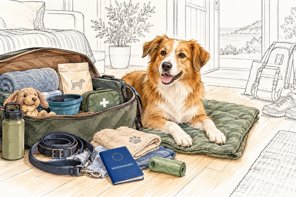 Braun-weißer Hund liegt neben einem geöffneten Koffer mit Reiseutensilien, Hundeleine, Näpfen, Handtüchern und weiteren Sachen für den Urlaub; der Raum und die Landschaft im Hintergrund sind überwiegend als feine Linienzeichnung dargestellt.