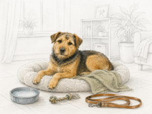 Braun-schwarzer Terrier-Mischling liegt auf einem Hundebett neben Wassernapf, Spielseil und Hundeleine; das Wohnzimmer im Hintergrund ist als feine Linienzeichnung dargestellt.